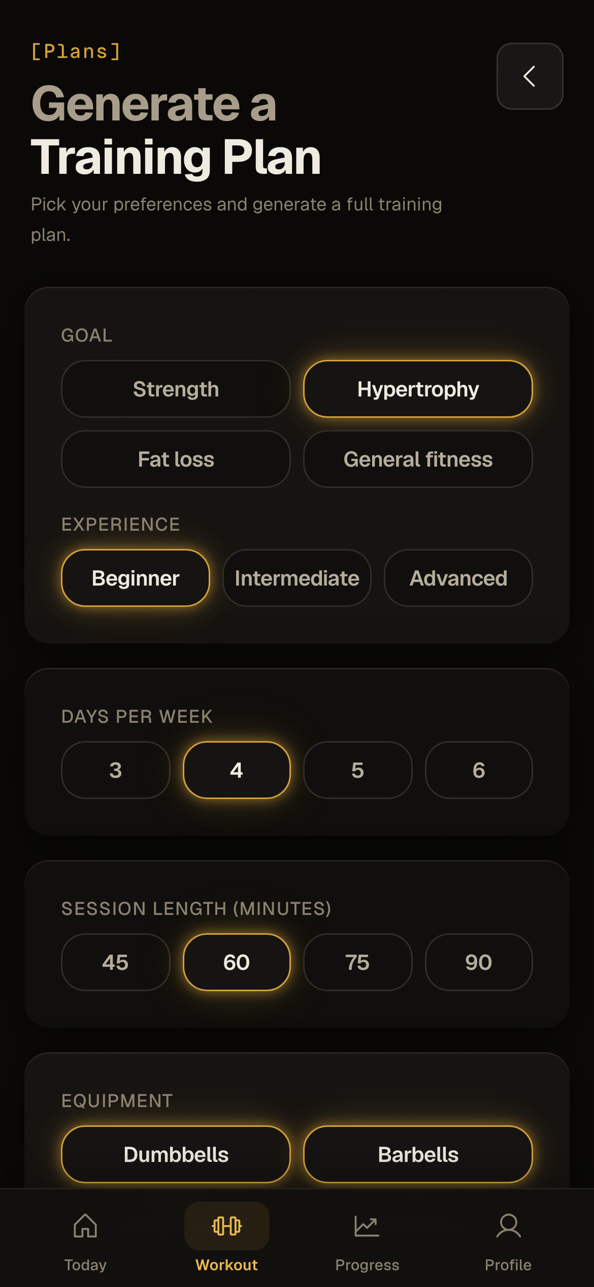 IronFlow plan generator with training preferences